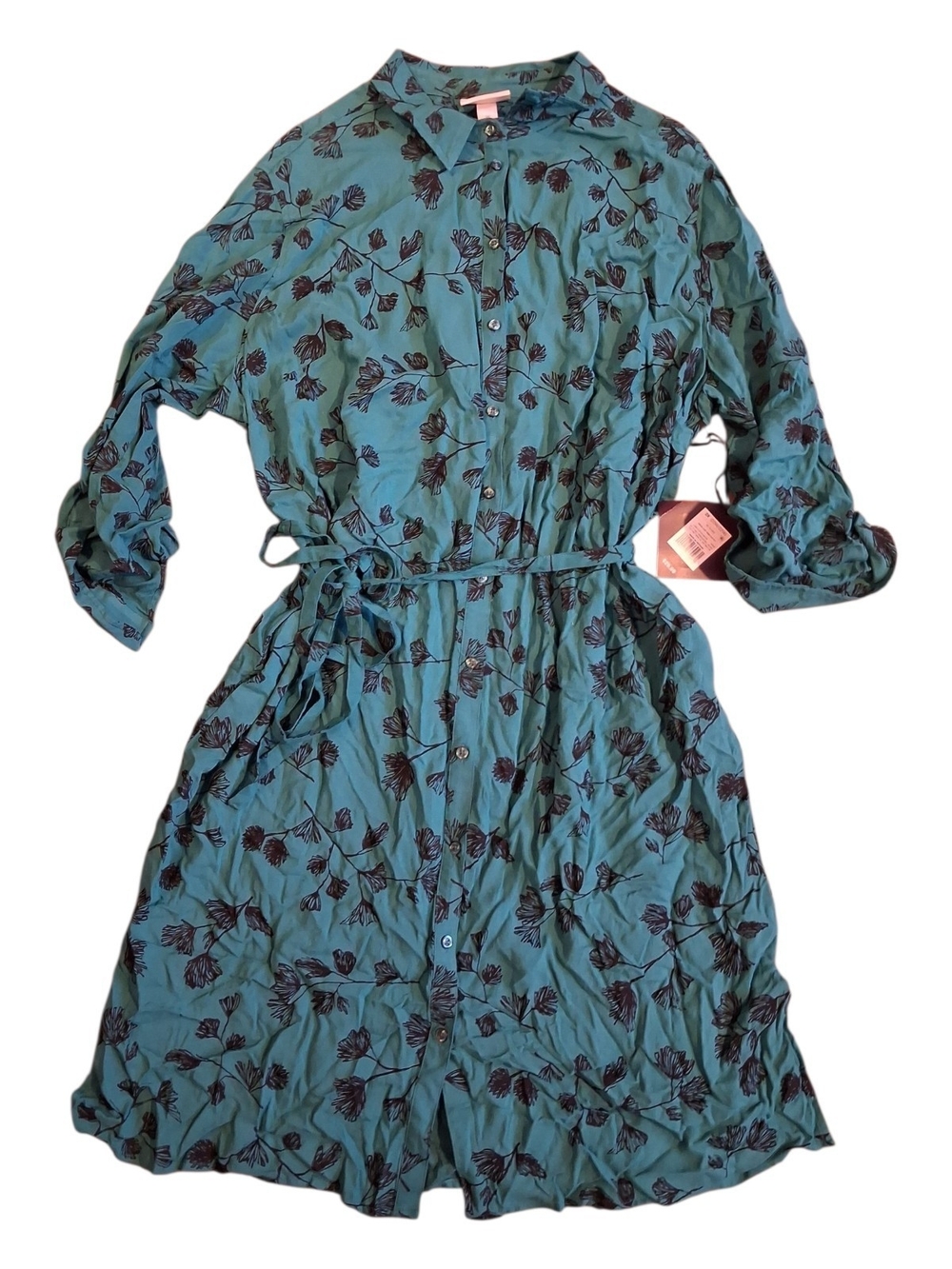 Ava & Viv Teal Floral Button-Front Shirt Dress with Tie Waist